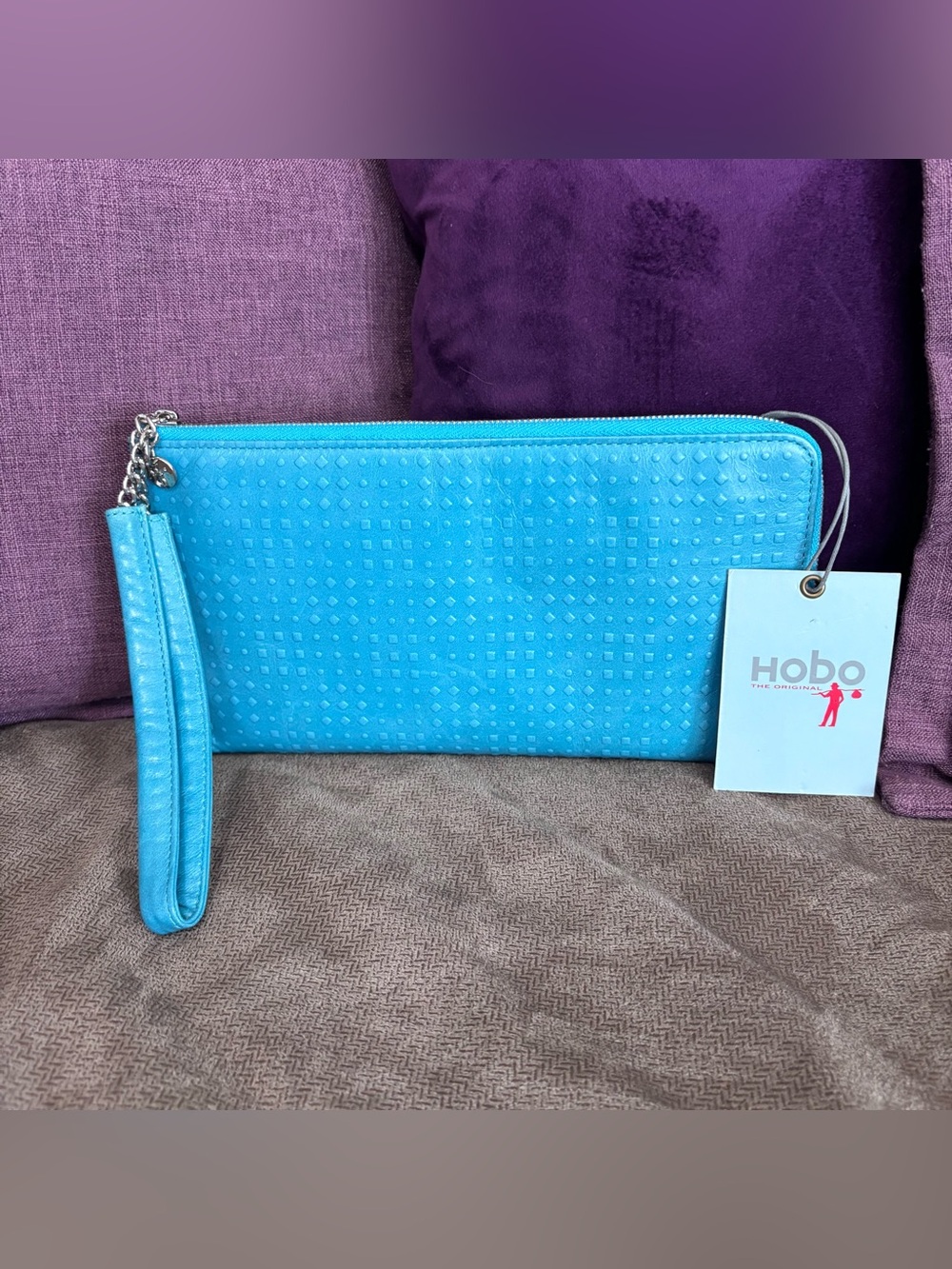 HOBO Bright Turquoise Pebbled Wristlet Clutch with Stud Texture NWT